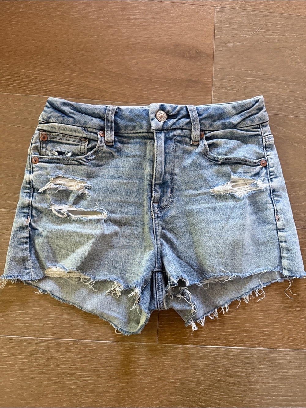 American Eagle Curvy High Rise Shortie Distressed Denim Shorts Stretch | 4